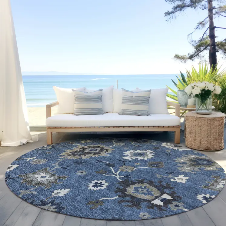 8' Blue Gray And White Round Floral Washable Indoor Outdoor Area Rug