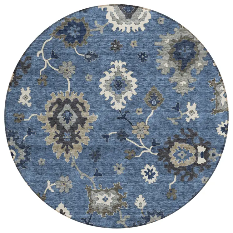 8' Blue Gray And White Round Floral Washable Indoor Outdoor Area Rug