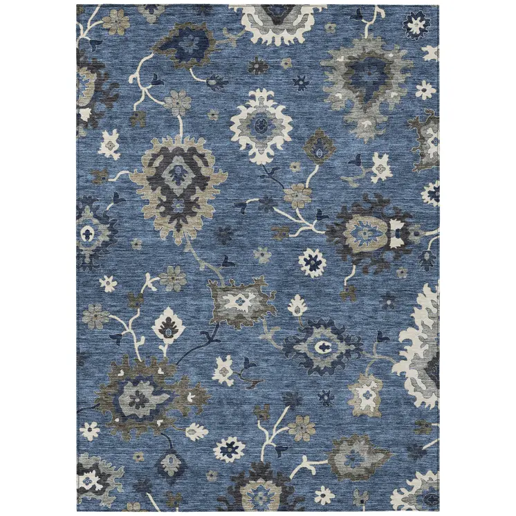 8' X 10' Blue Gray And White Floral Washable Indoor Outdoor Area Rug