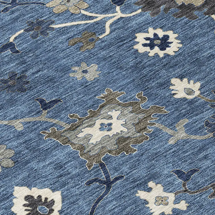 8' X 10' Blue Gray And White Floral Washable Indoor Outdoor Area Rug