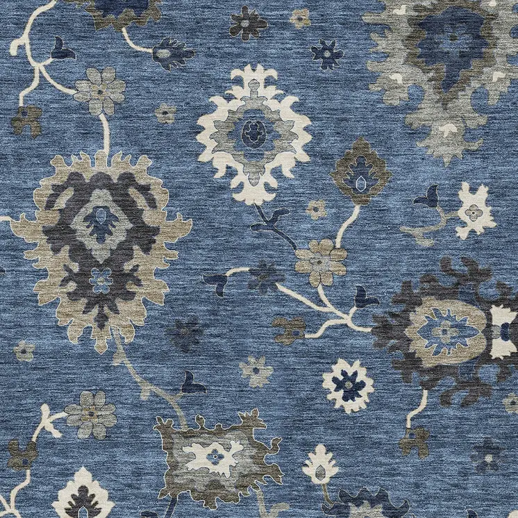 9' X 12' Blue Gray And White Floral Washable Indoor Outdoor Area Rug