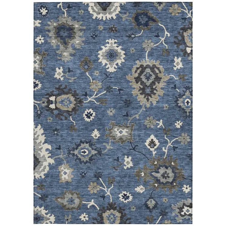10' X 14' Blue Gray And White Floral Washable Indoor Outdoor Area Rug