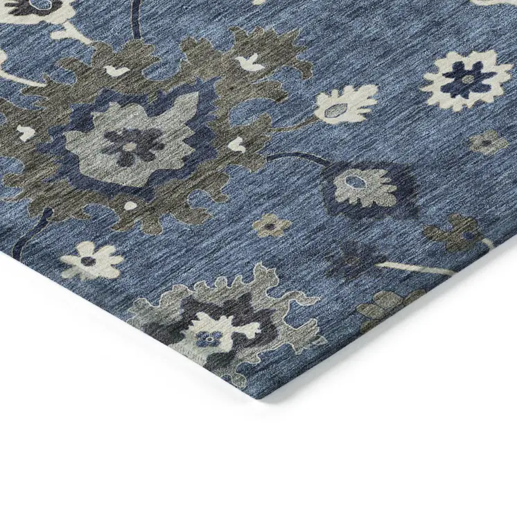 10' X 14' Blue Gray And White Floral Washable Indoor Outdoor Area Rug