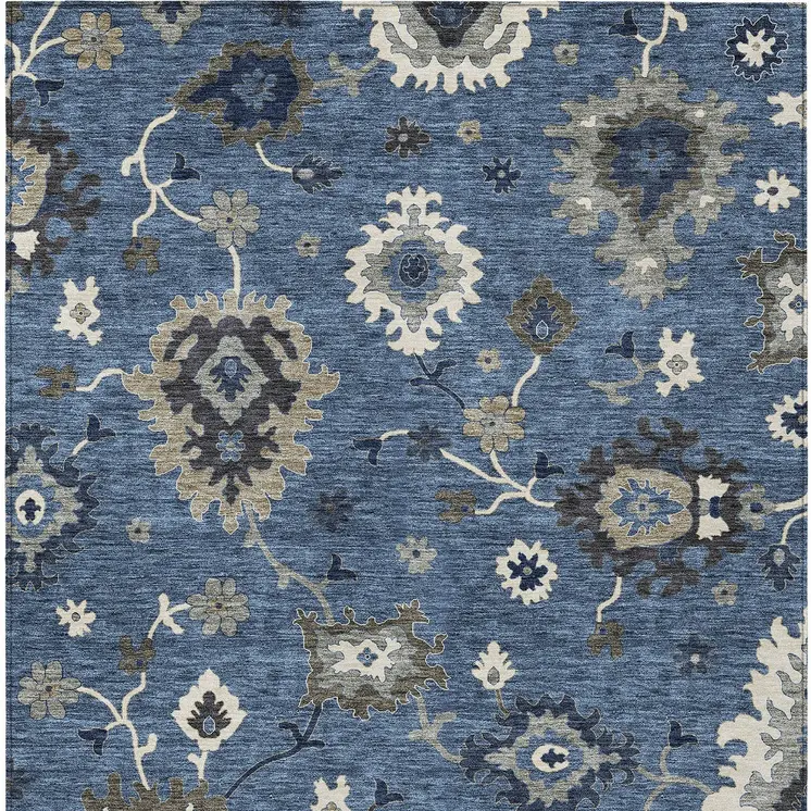 10' X 14' Blue Gray And White Floral Washable Indoor Outdoor Area Rug