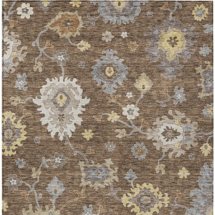 3' X 5' Chocolate Taupe And White Floral Washable Indoor Outdoor Area Rug