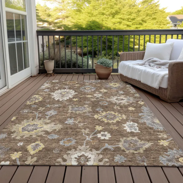 3' X 5' Chocolate Taupe And White Floral Washable Indoor Outdoor Area Rug