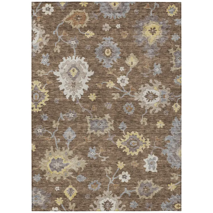 3' X 5' Chocolate Taupe And White Floral Washable Indoor Outdoor Area Rug