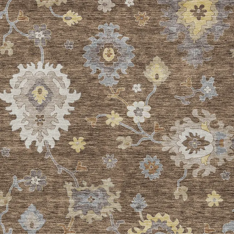 3' X 5' Chocolate Taupe And White Floral Washable Indoor Outdoor Area Rug