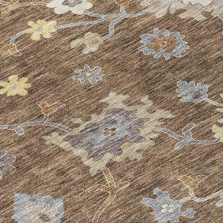 3' X 5' Chocolate Taupe And White Floral Washable Indoor Outdoor Area Rug