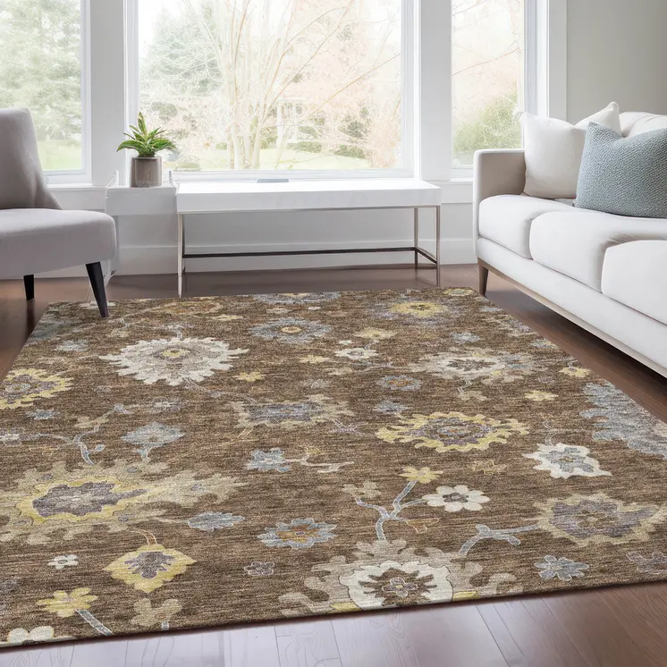 3' X 5' Chocolate Taupe And White Floral Washable Indoor Outdoor Area Rug