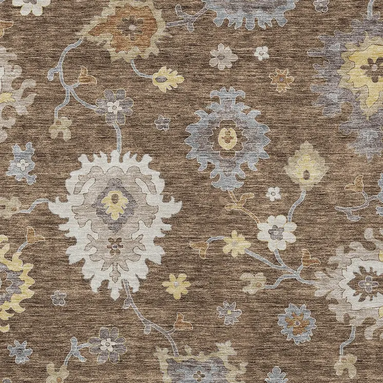 5' X 8' Chocolate Taupe And White Floral Washable Indoor Outdoor Area Rug