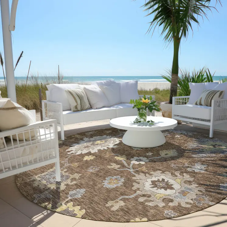 8' Chocolate Taupe And White Round Floral Washable Indoor Outdoor Area Rug