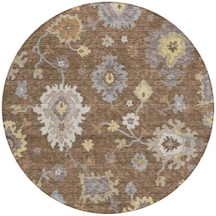 8' Chocolate Taupe And White Round Floral Washable Indoor Outdoor Area Rug