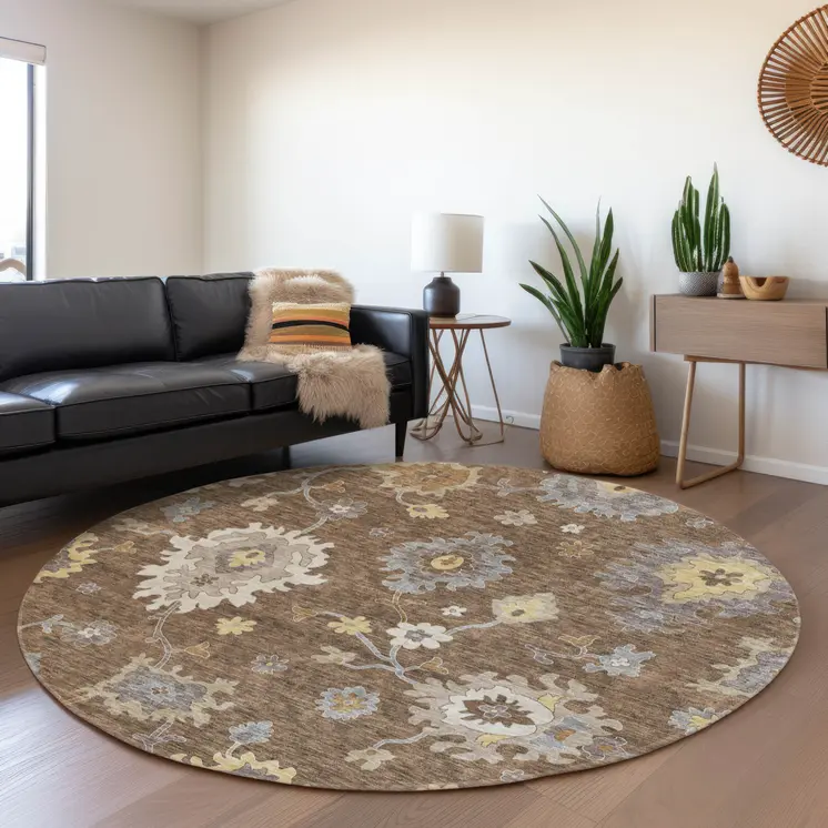 8' Chocolate Taupe And White Round Floral Washable Indoor Outdoor Area Rug