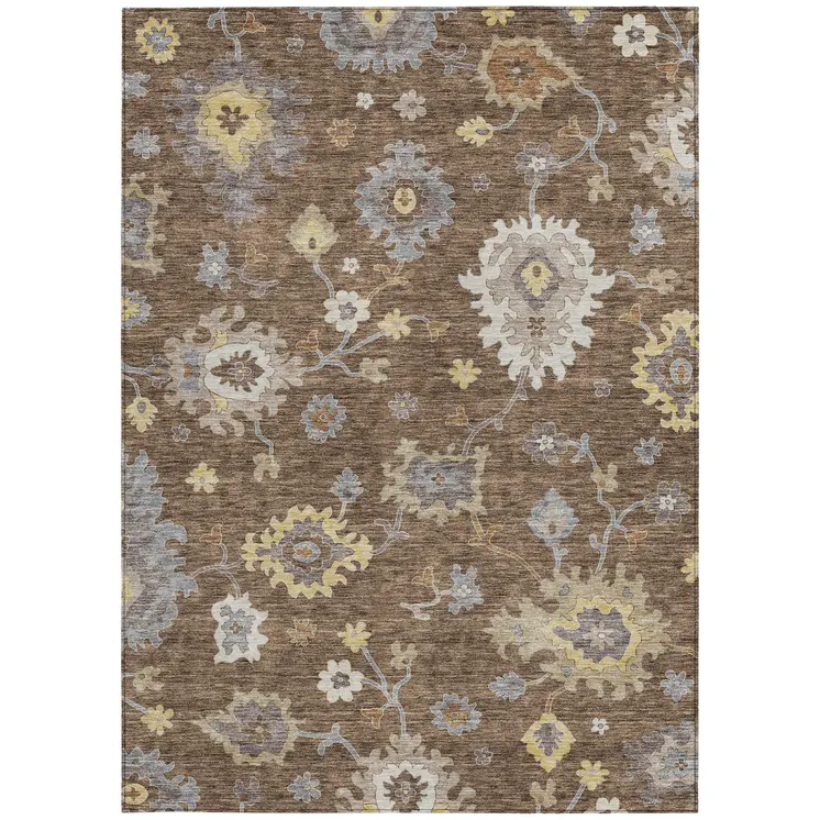 9' X 12' Chocolate Taupe And White Floral Washable Indoor Outdoor Area Rug