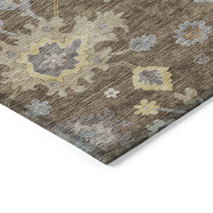 9' X 12' Chocolate Taupe And White Floral Washable Indoor Outdoor Area Rug