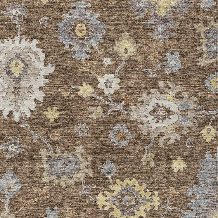 10' X 14' Chocolate Taupe And White Floral Washable Indoor Outdoor Area Rug