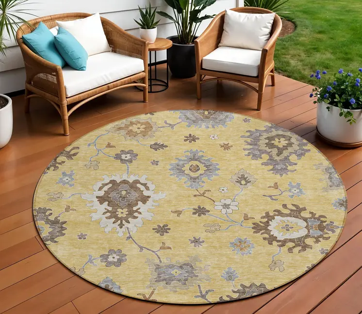 8' Gold Ivory And Brown Round Floral Washable Indoor Outdoor Area Rug