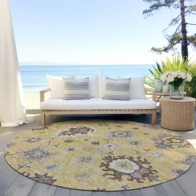 8' Gold Ivory And Brown Round Floral Washable Indoor Outdoor Area Rug