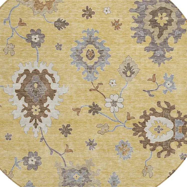 8' Gold Ivory And Brown Round Floral Washable Indoor Outdoor Area Rug