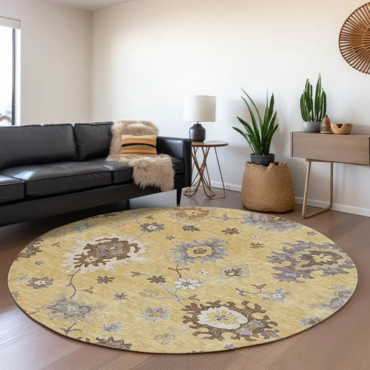 8' Gold Ivory And Brown Round Floral Washable Indoor Outdoor Area Rug