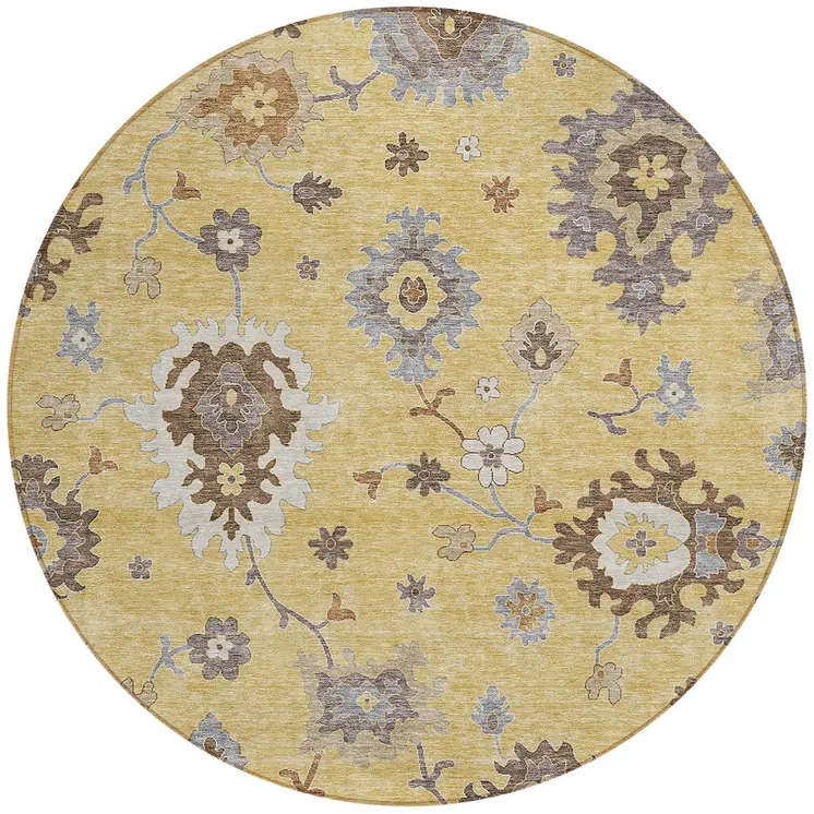 8' Gold Ivory And Brown Round Floral Washable Indoor Outdoor Area Rug