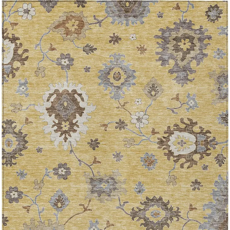 8' X 10' Gold Ivory And Brown Floral Washable Indoor Outdoor Area Rug