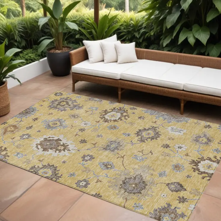 8' X 10' Gold Ivory And Brown Floral Washable Indoor Outdoor Area Rug