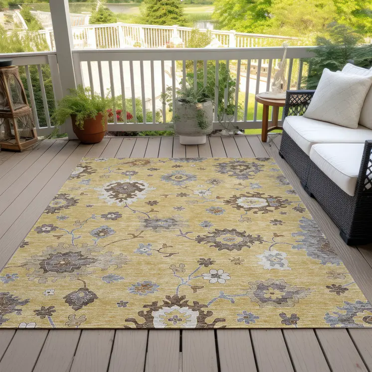8' X 10' Gold Ivory And Brown Floral Washable Indoor Outdoor Area Rug