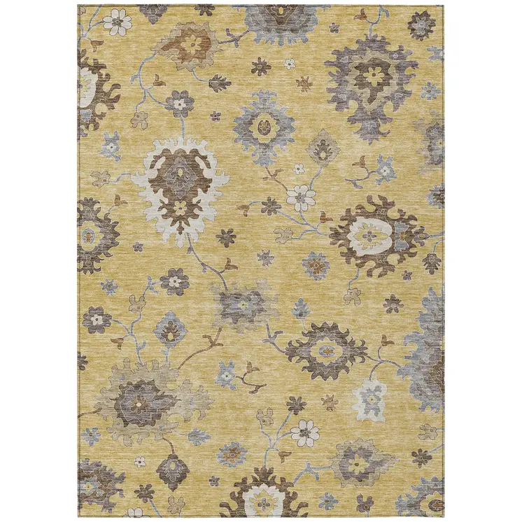 8' X 10' Gold Ivory And Brown Floral Washable Indoor Outdoor Area Rug