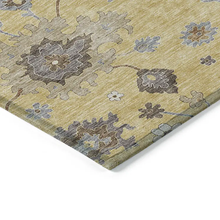 8' X 10' Gold Ivory And Brown Floral Washable Indoor Outdoor Area Rug