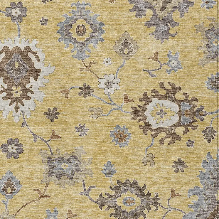 8' X 10' Gold Ivory And Brown Floral Washable Indoor Outdoor Area Rug