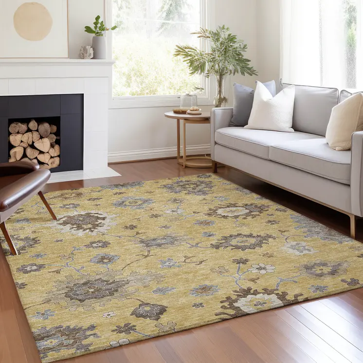 8' X 10' Gold Ivory And Brown Floral Washable Indoor Outdoor Area Rug