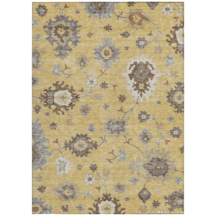 9' X 12' Gold Ivory And Brown Floral Washable Indoor Outdoor Area Rug