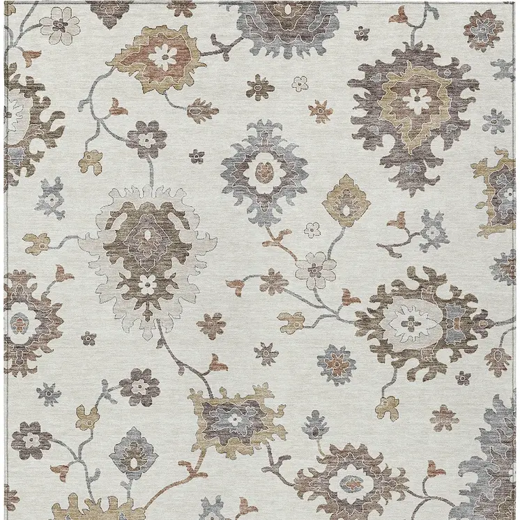 3' X 5' Ivory Gray And Taupe Floral Washable Indoor Outdoor Area Rug