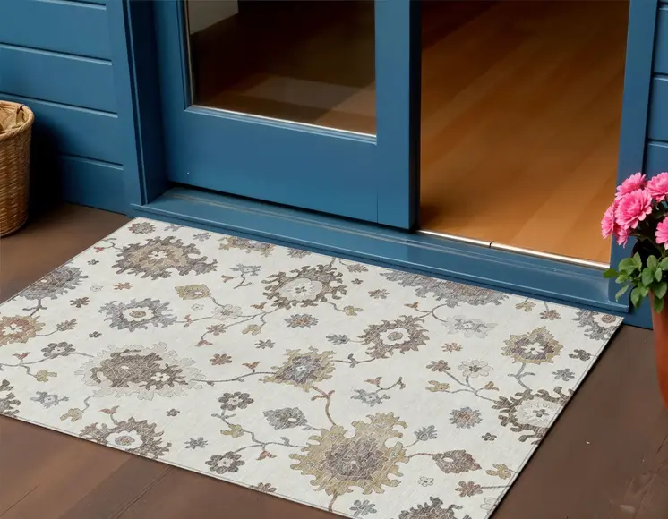 3' X 5' Ivory Gray And Taupe Floral Washable Indoor Outdoor Area Rug