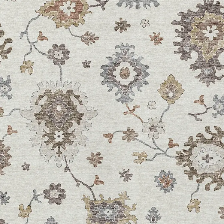 3' X 5' Ivory Gray And Taupe Floral Washable Indoor Outdoor Area Rug