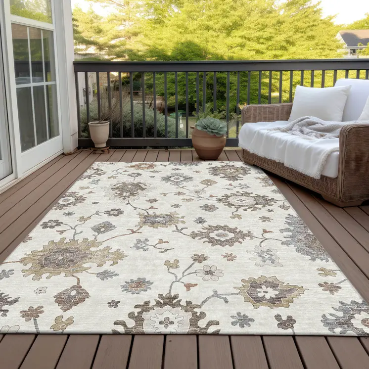 5' X 8' Ivory Gray And Taupe Floral Washable Indoor Outdoor Area Rug