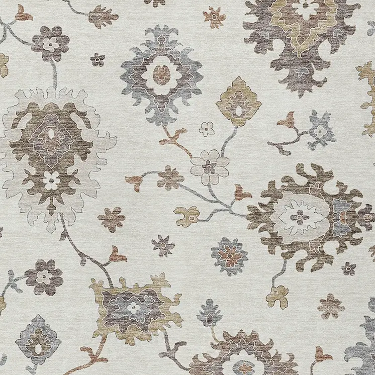5' X 8' Ivory Gray And Taupe Floral Washable Indoor Outdoor Area Rug