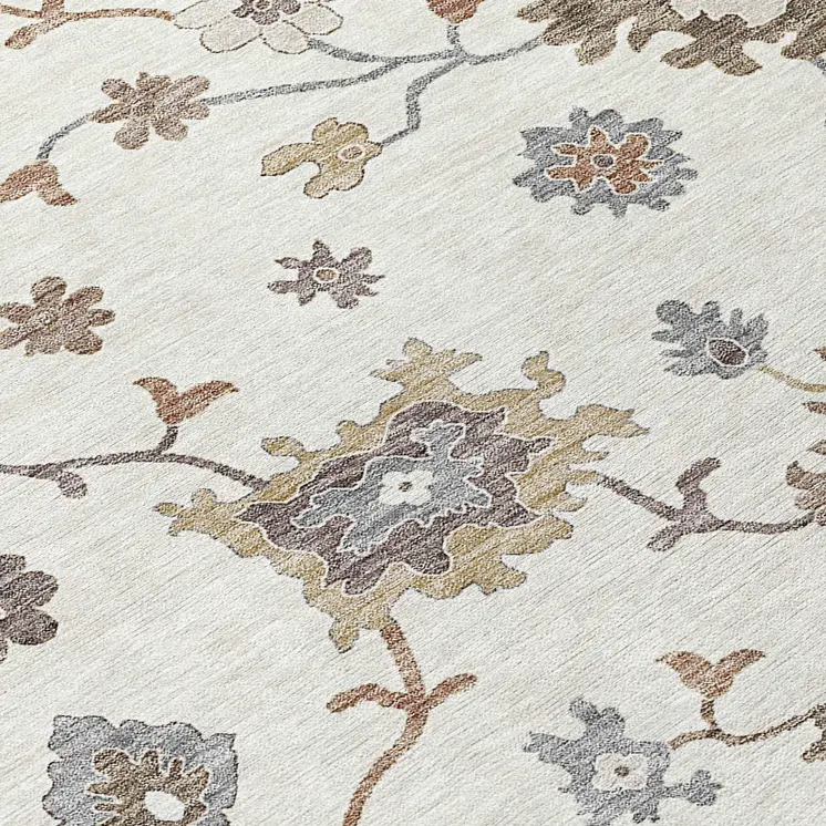 5' X 8' Ivory Gray And Taupe Floral Washable Indoor Outdoor Area Rug