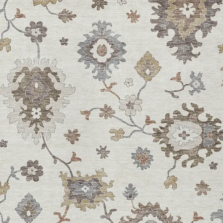 8' X 10' Ivory Gray And Taupe Floral Washable Indoor Outdoor Area Rug