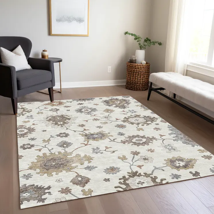 9' X 12' Ivory Gray And Taupe Floral Washable Indoor Outdoor Area Rug