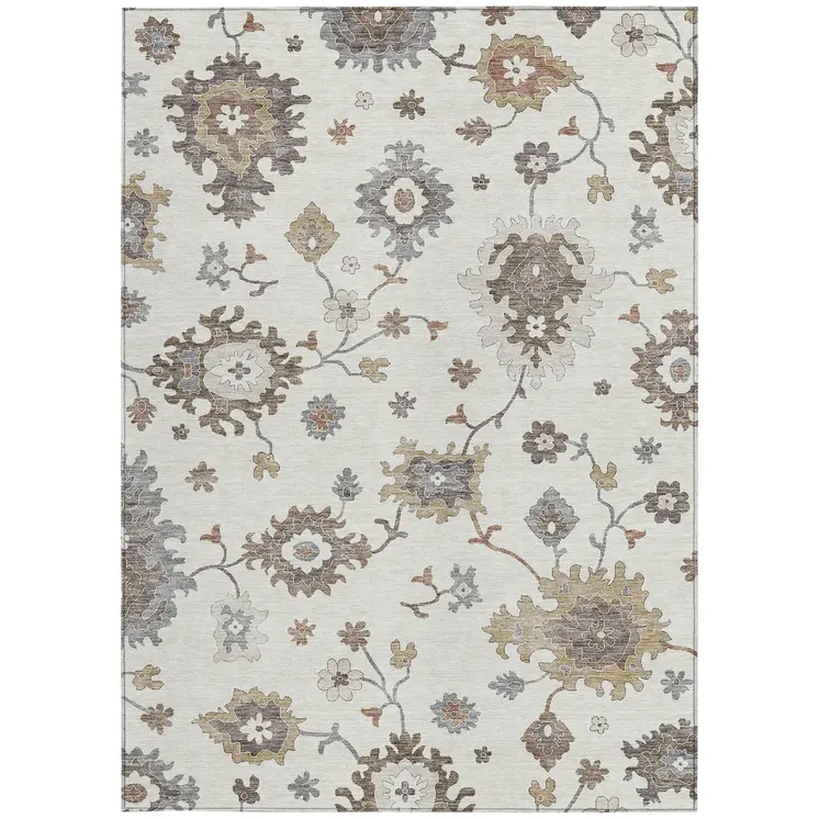 10' X 14' Ivory Gray And Taupe Floral Washable Indoor Outdoor Area Rug