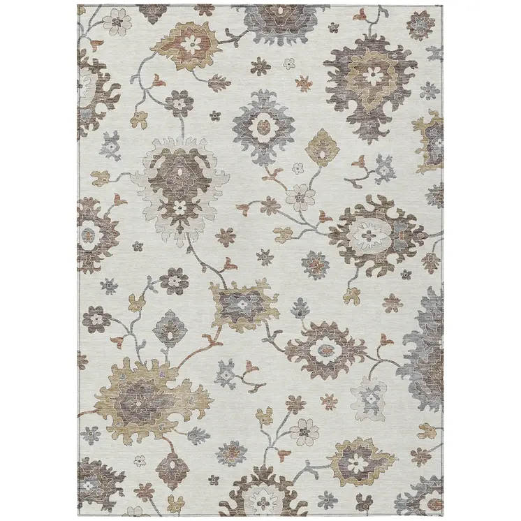 10' X 14' Ivory Gray And Taupe Floral Washable Indoor Outdoor Area Rug