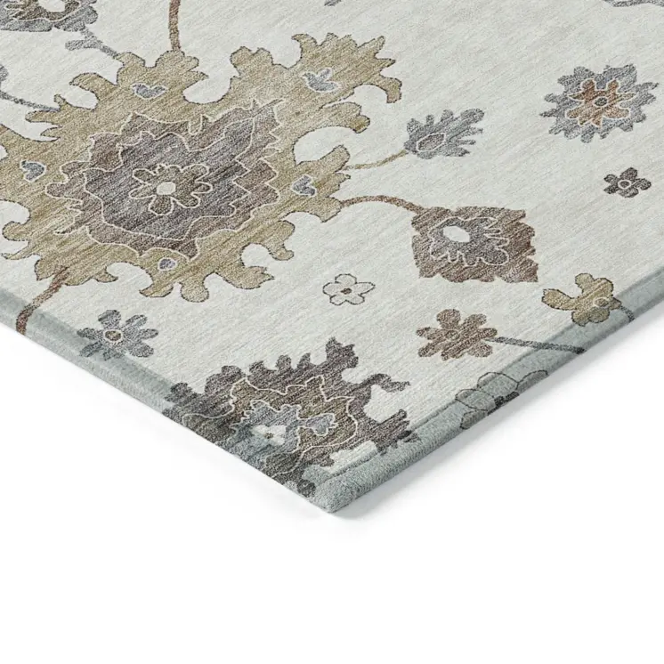 10' X 14' Ivory Gray And Taupe Floral Washable Indoor Outdoor Area Rug