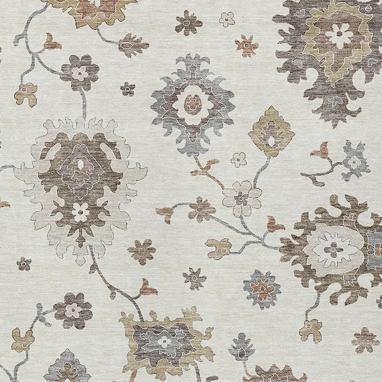 10' X 14' Ivory Gray And Taupe Floral Washable Indoor Outdoor Area Rug