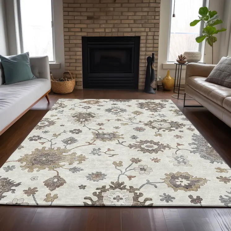 10' X 14' Ivory Gray And Taupe Floral Washable Indoor Outdoor Area Rug