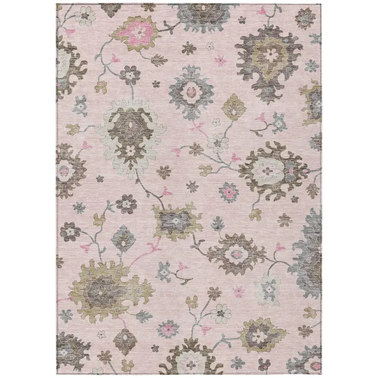3' X 5' Pink Ivory And Chocolate Floral Washable Indoor Outdoor Area Rug