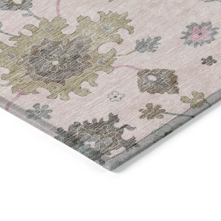3' X 5' Pink Ivory And Chocolate Floral Washable Indoor Outdoor Area Rug