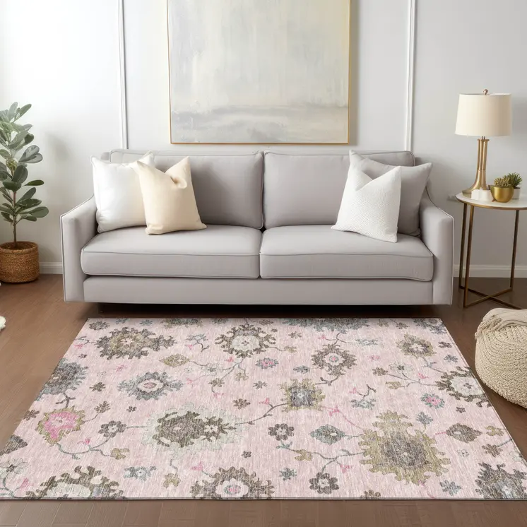 3' X 5' Pink Ivory And Chocolate Floral Washable Indoor Outdoor Area Rug